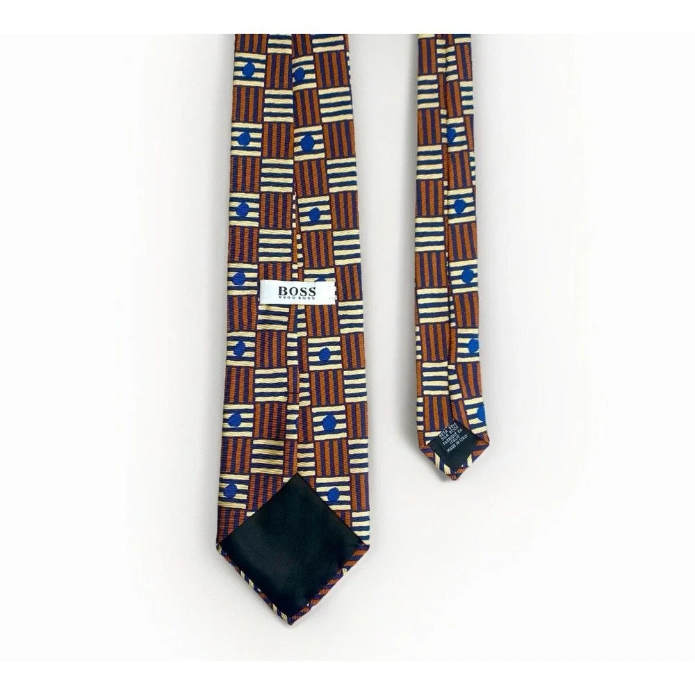 Hugo Boss Mens Tie Silk Brown Blue Geometric Striped Italy Designer Necktie